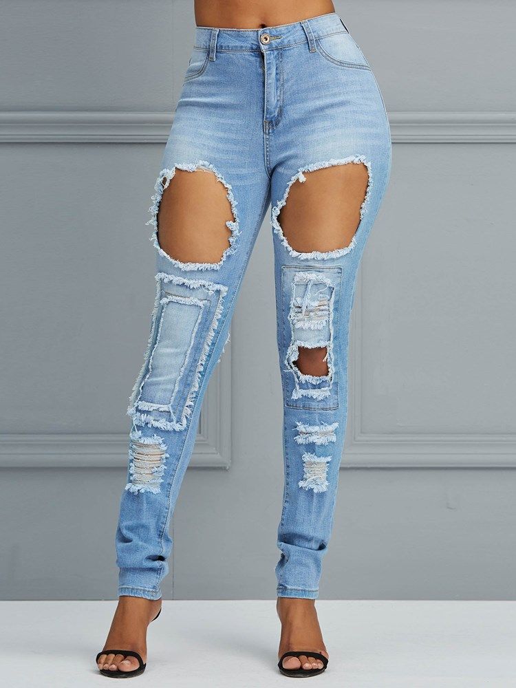 Calça Lápis De Cintura Alta Buraco Calça Jeans Feminina