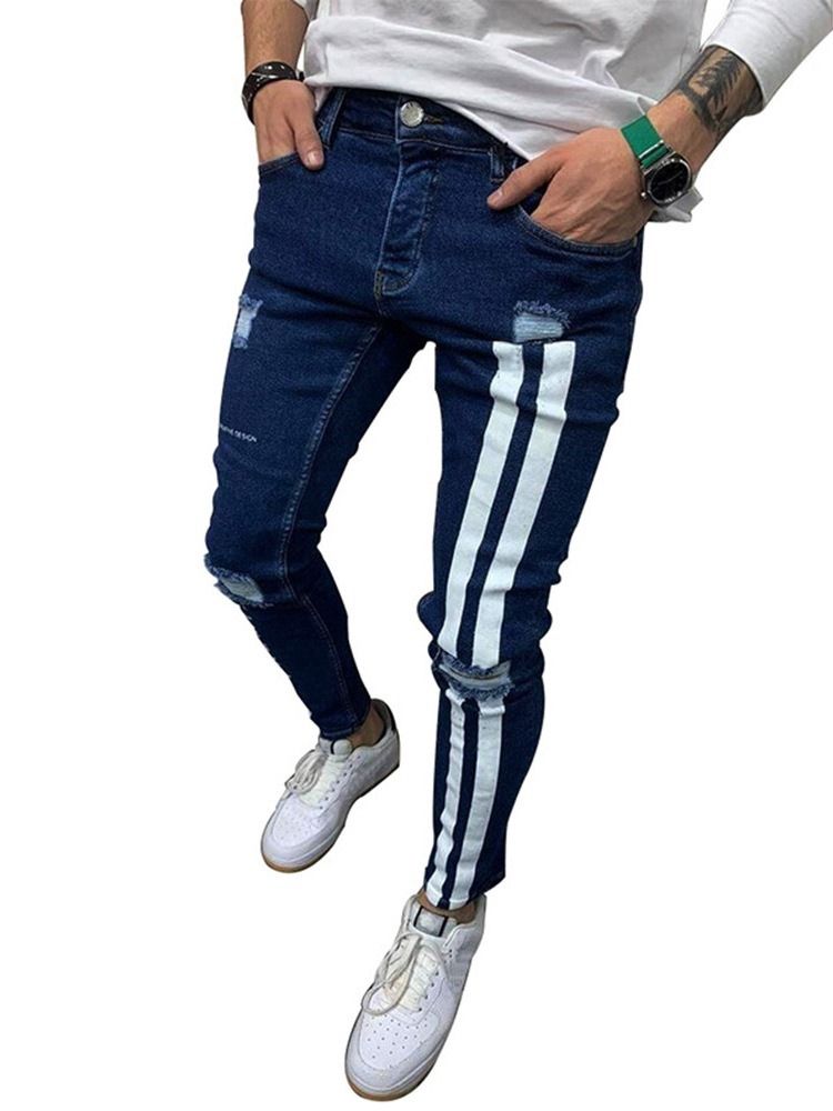 Calça Lápis Color Block Patchwork Cintura Média Calça Jeans Europeu Masculino