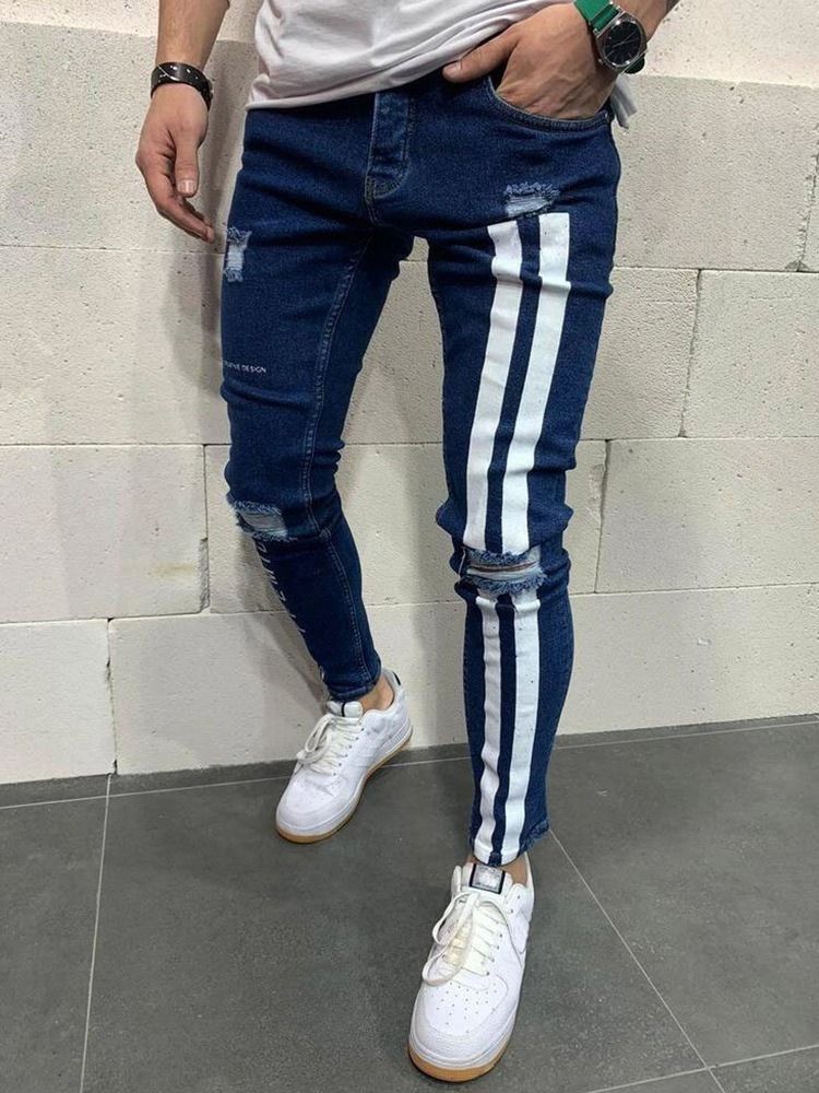 Calça Lápis Com Zíper Carta Calça Jeans Homem Cintura Alta Com Zíper