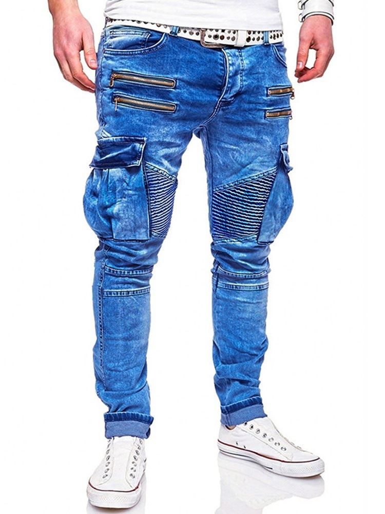 Calça Lápis Com Zíper Liso Masculino Jeans Com Zíper Casual