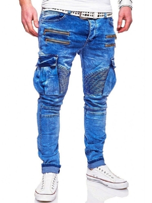 Calça Lápis Com Zíper Liso Masculino Jeans Com Zíper Casual