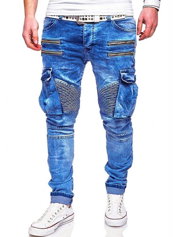 Calça Lápis Com Zíper Liso Masculino Jeans Com Zíper Casual