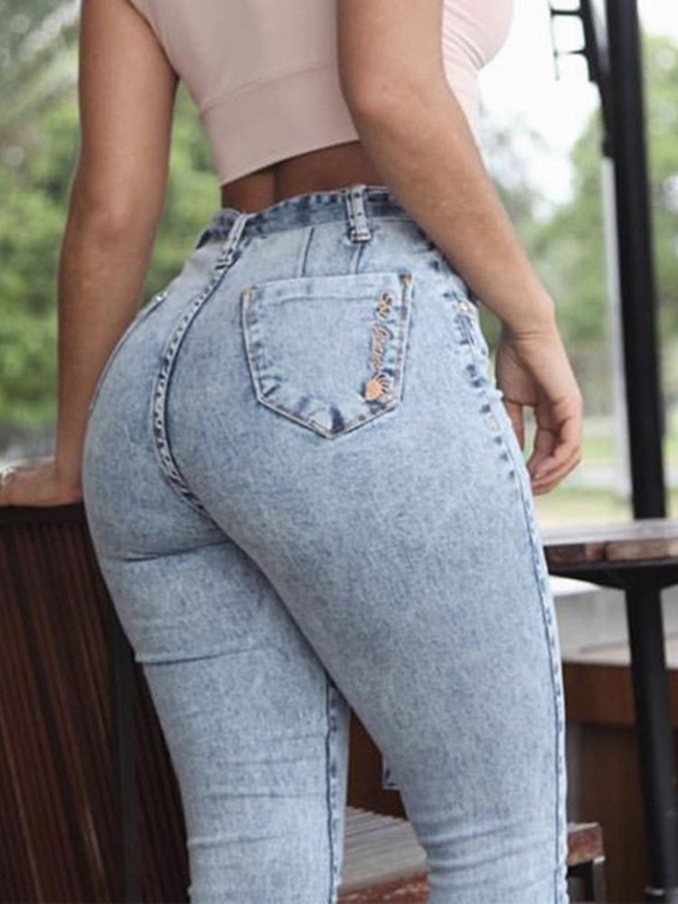 Calça Lápis Feminina Liso Jeans Magro De Cintura Alta