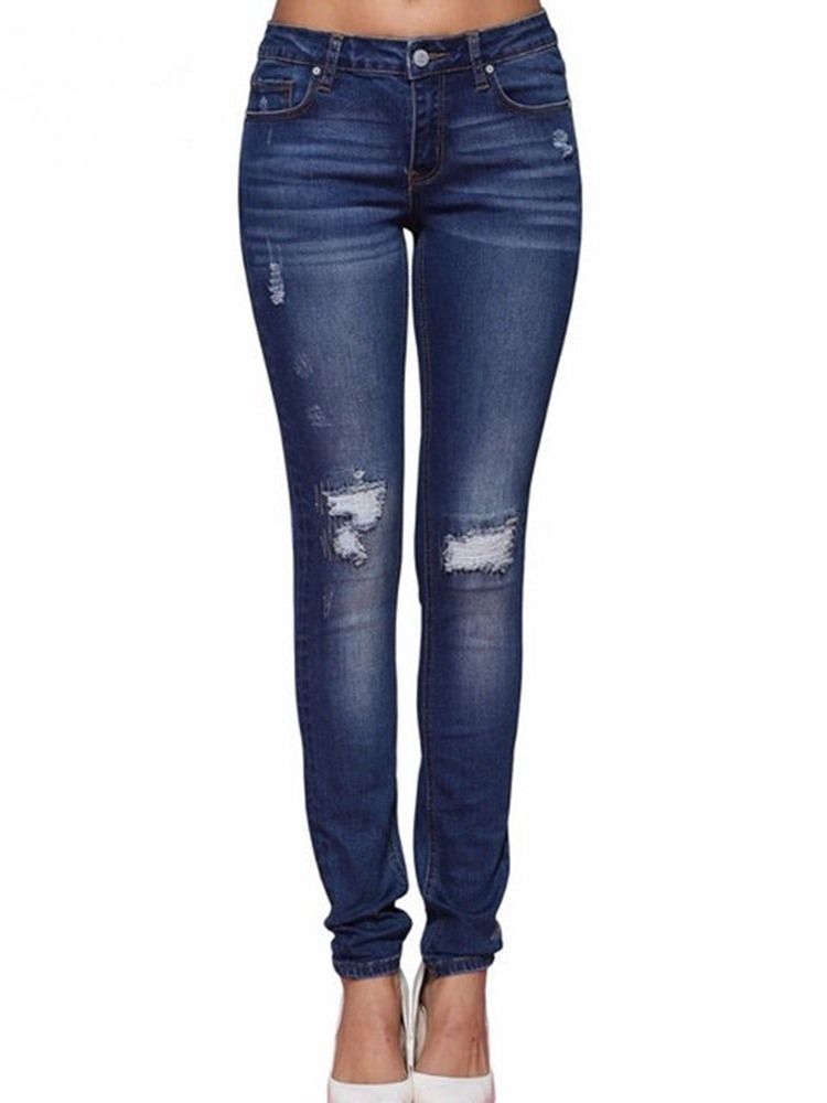 Calça Lápis Lápis Feminina Usada Com Botão Jeans Slim