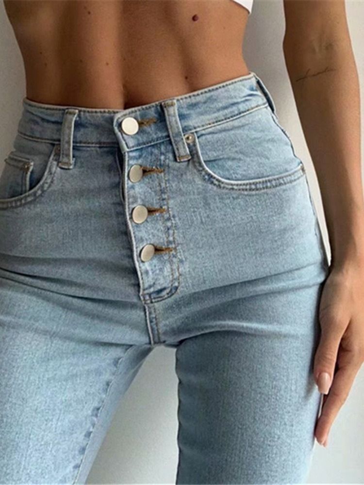 Calça Lápis Feminino Lavável Liso Meio Cintura Botão Calça Jeans