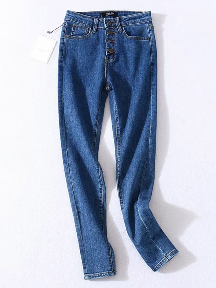 Calça Lápis Feminino Lavável Liso Meio Cintura Botão Calça Jeans