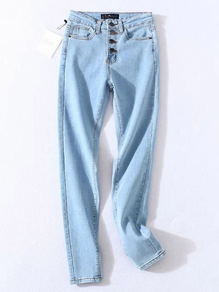 Calça Lápis Feminino Lavável Liso Meio Cintura Botão Calça Jeans