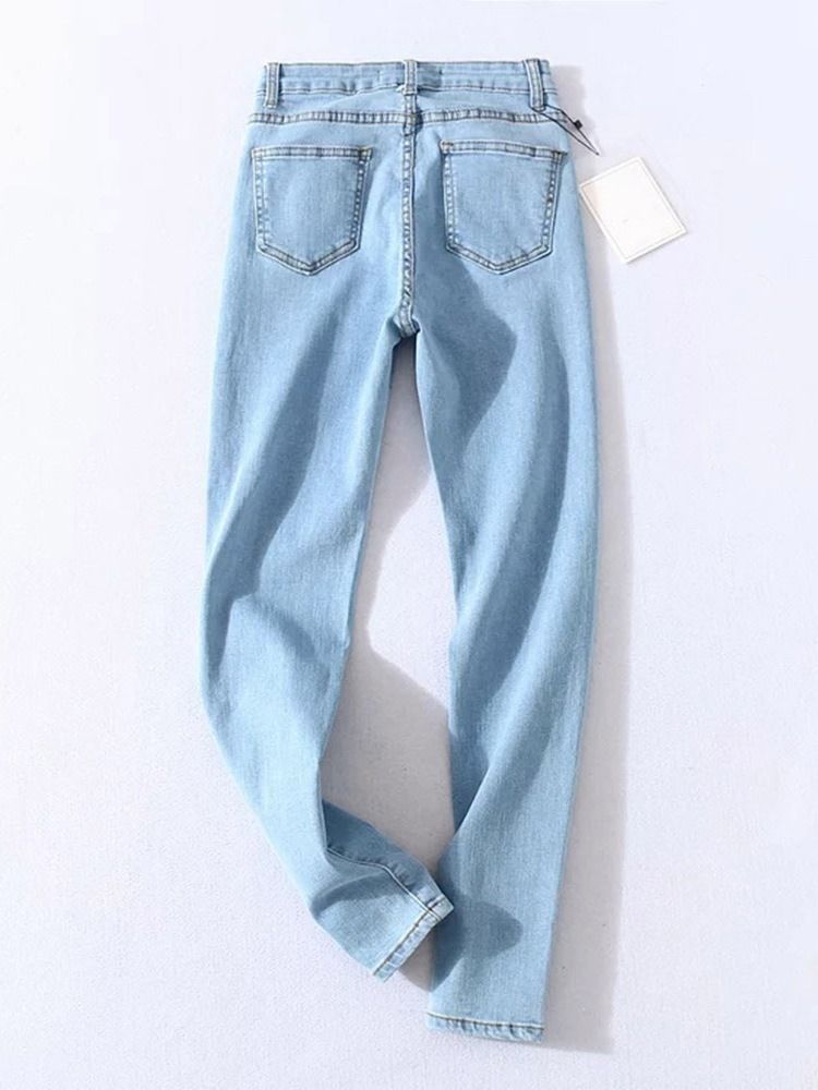 Calça Lápis Feminino Lavável Liso Meio Cintura Botão Calça Jeans