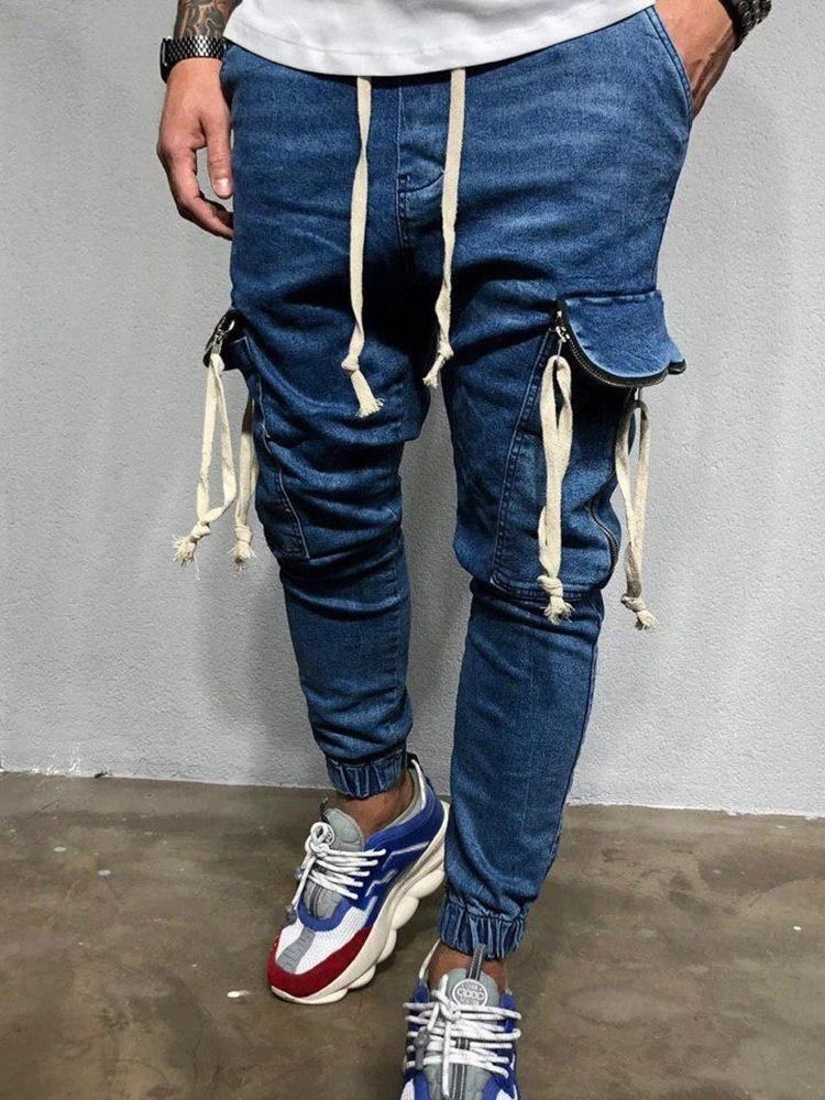 Calça Lápis Fino Bolso Com Zíper Calça Jeans Coreana Masculina