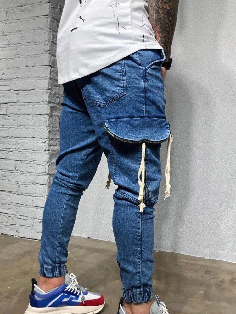 Calça Lápis Fino Bolso Com Zíper Calça Jeans Coreana Masculina