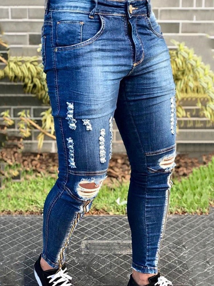 Calça Lápis Hole Masculina Liso Jeans Com Zíper De Cintura Média