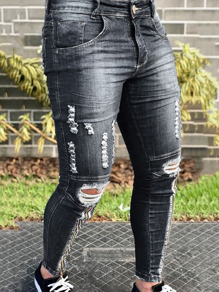 Calça Lápis Hole Masculina Liso Jeans Com Zíper De Cintura Média