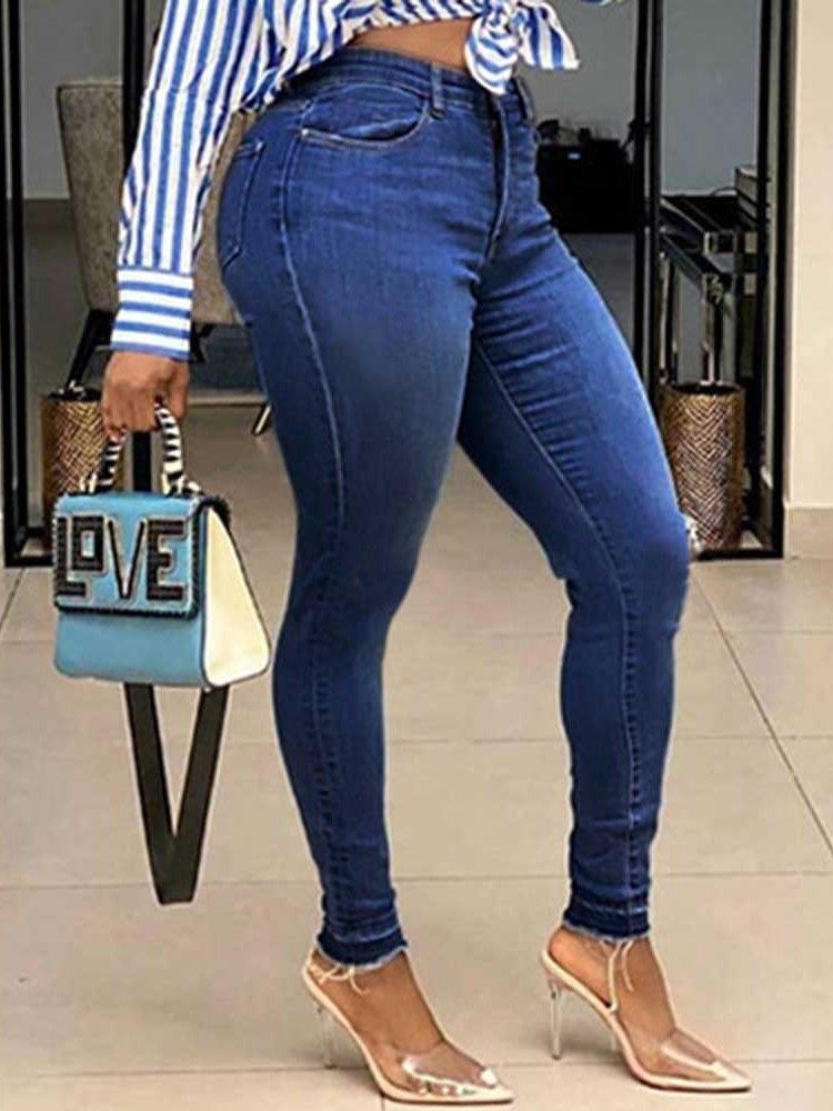 Calça Lápis Lavável Liso Cintura Alta Zíper Calça Jeans Feminina