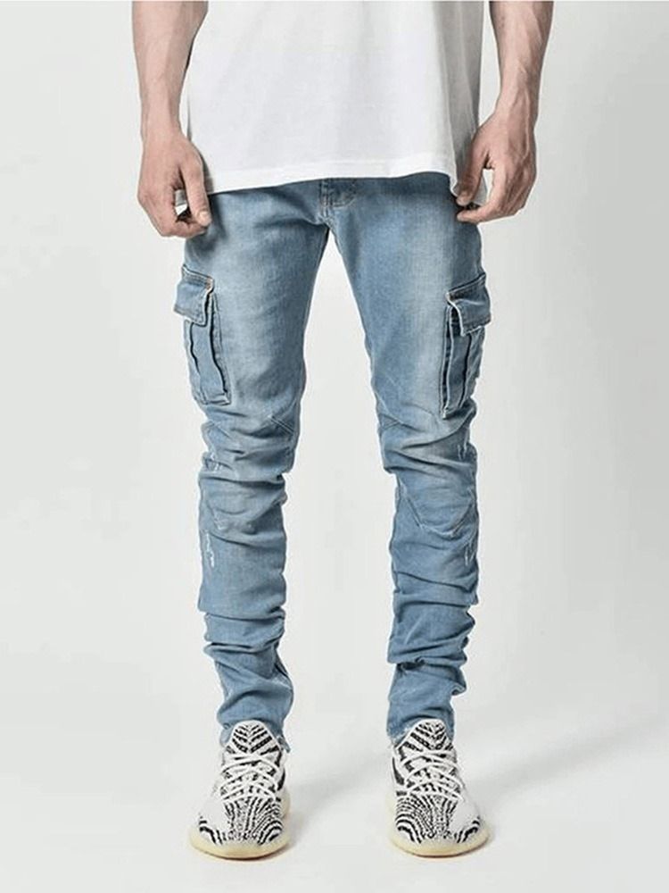 Calça Lápis Liso Bolso Casual Cintura Média Calça Jeans Masculina