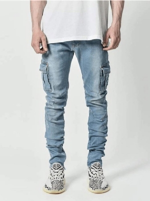 Calça Lápis Liso Bolso Casual Cintura Média Calça Jeans Masculina