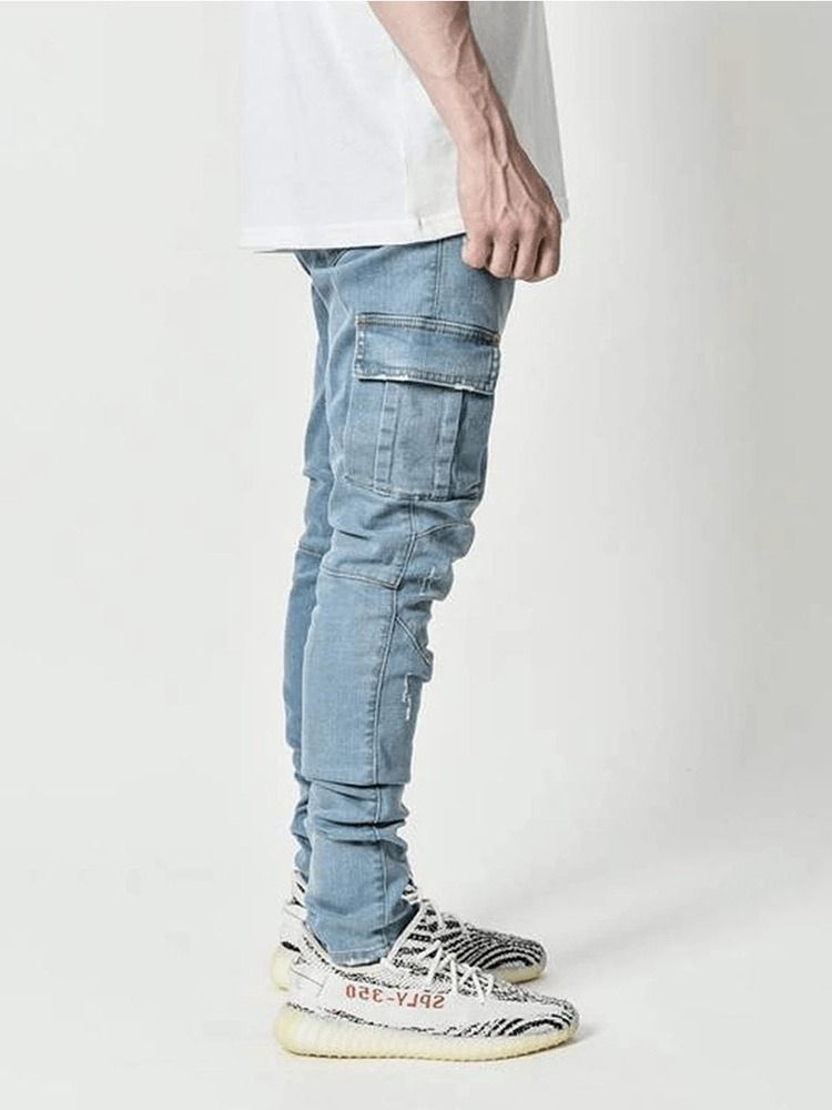 Calça Lápis Liso Bolso Casual Cintura Média Calça Jeans Masculina