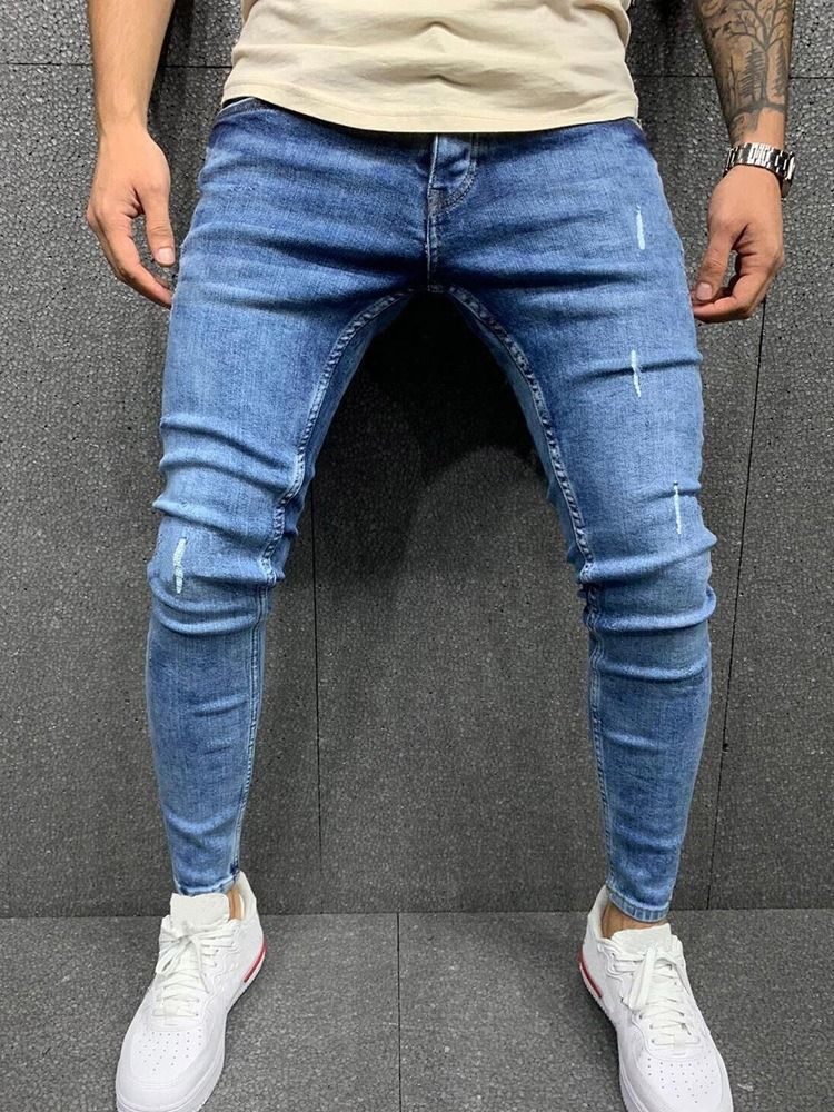 Calça Lápis Liso Jeans Europeu Masculino De Cintura Média