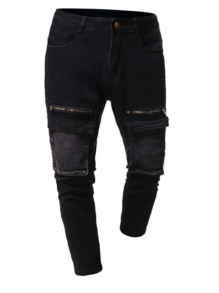 Calça Lápis Patchwork Bloco De Cores Casual Calça Jeans Homem Cintura Média