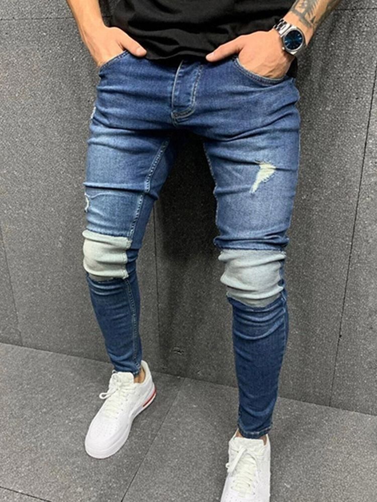 Calça Lápis Patchwork Bloco De Cores Com Zíper Cintura Média Calça Jeans Masculina