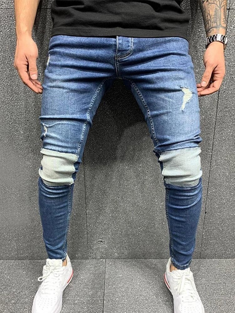 Calça Lápis Patchwork Bloco De Cores Com Zíper Cintura Média Calça Jeans Masculina