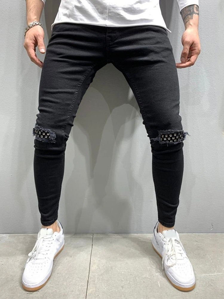 Calça Lápis Patchwork Cintura Média Calça Jeans Casual Masculino