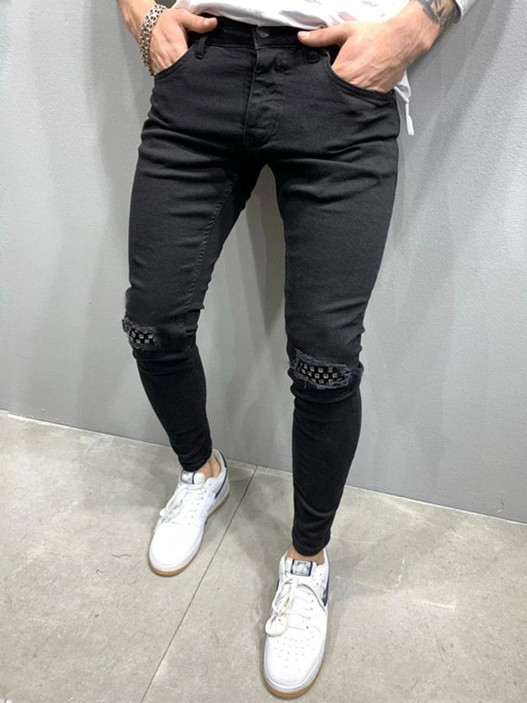 Calça Lápis Patchwork Cintura Média Calça Jeans Casual Masculino