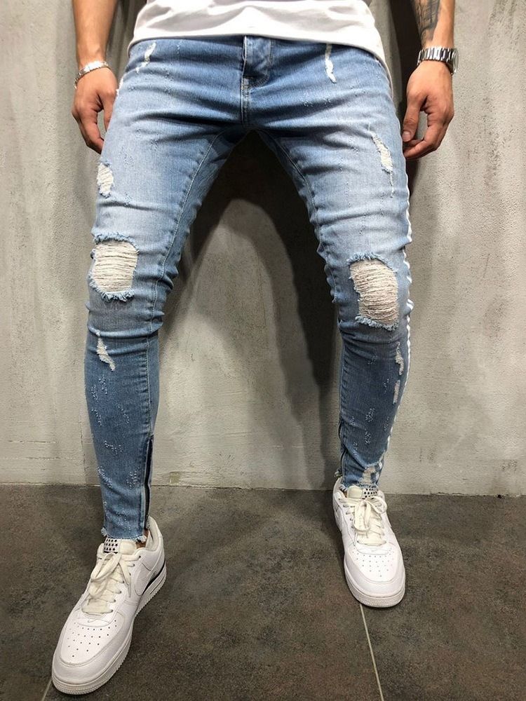 Calça Lápis Stripe Buraco Cintura Média Calça Jeans Europeu Masculino