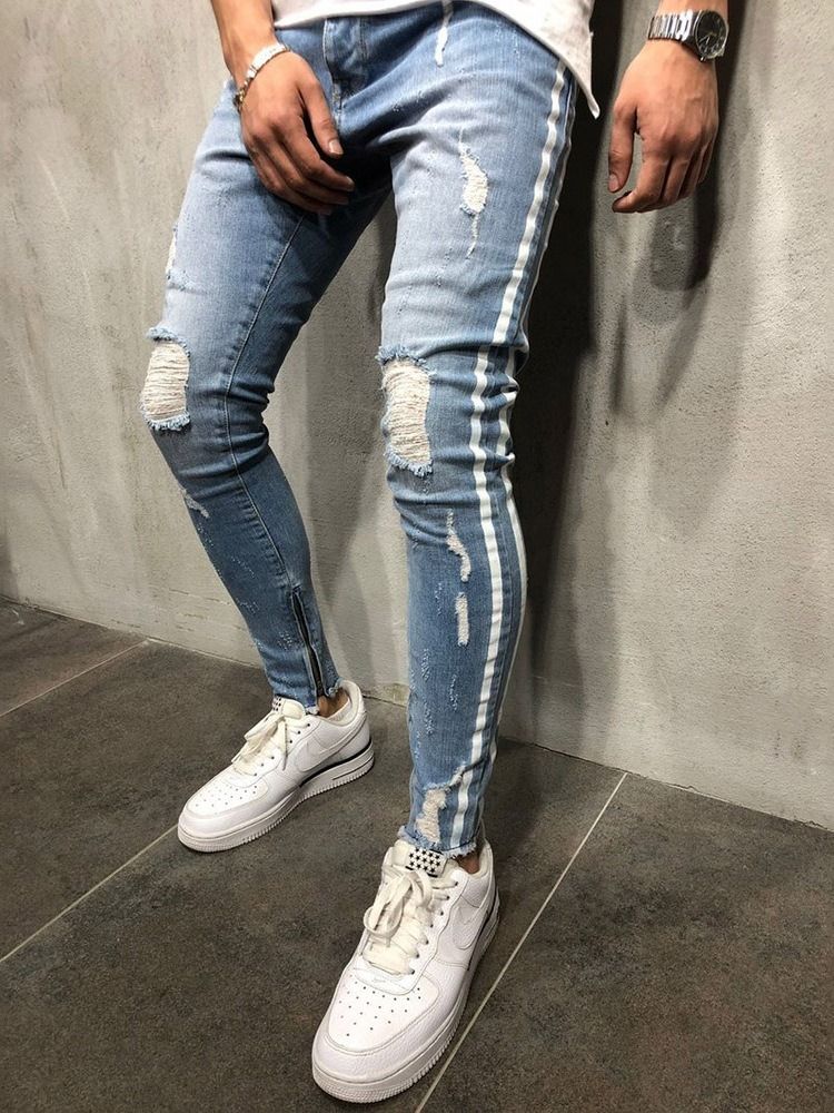 Calça Lápis Stripe Buraco Cintura Média Calça Jeans Europeu Masculino