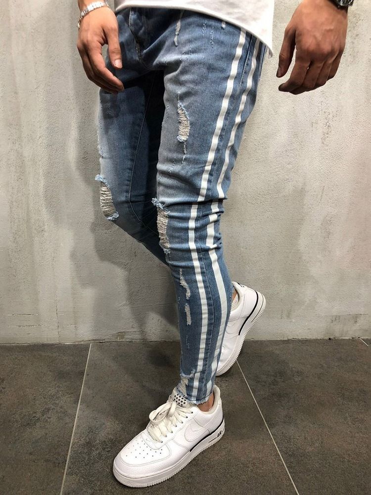 Calça Lápis Stripe Buraco Cintura Média Calça Jeans Europeu Masculino