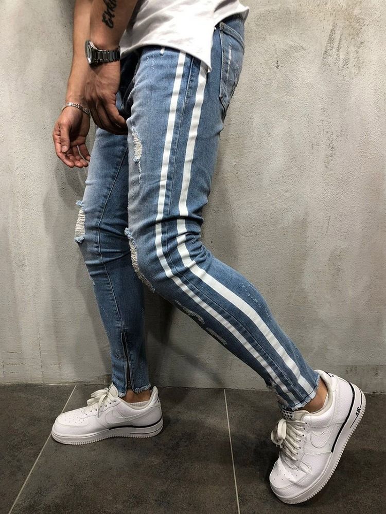 Calça Lápis Stripe Buraco Cintura Média Calça Jeans Europeu Masculino