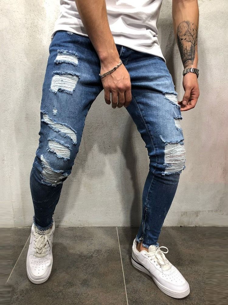 Calça Lápis Stripe Buraco Cintura Média Calça Jeans Europeu Masculino