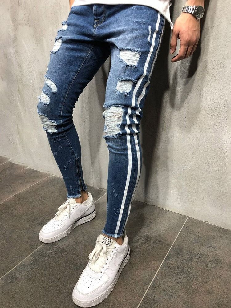 Calça Lápis Stripe Buraco Cintura Média Calça Jeans Europeu Masculino