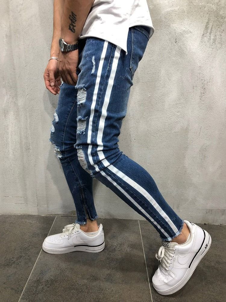 Calça Lápis Stripe Buraco Cintura Média Calça Jeans Europeu Masculino