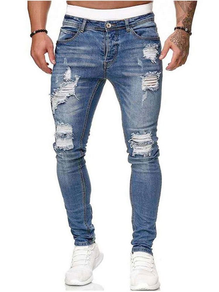 Calça Lápis Usada Jeans Masculino Com Zíper Europeu