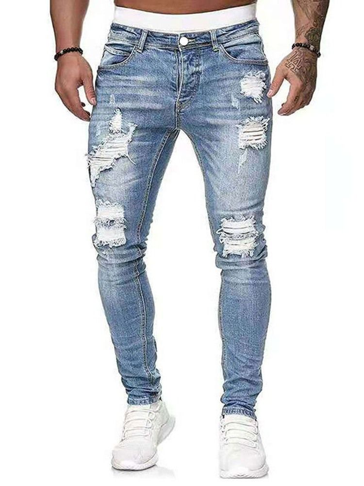 Calça Lápis Usada Jeans Masculino Com Zíper Europeu