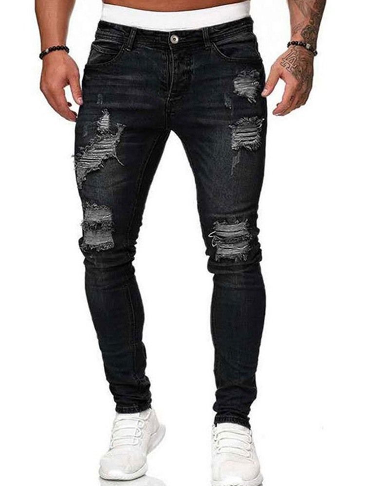 Calça Lápis Usada Jeans Masculino Com Zíper Europeu