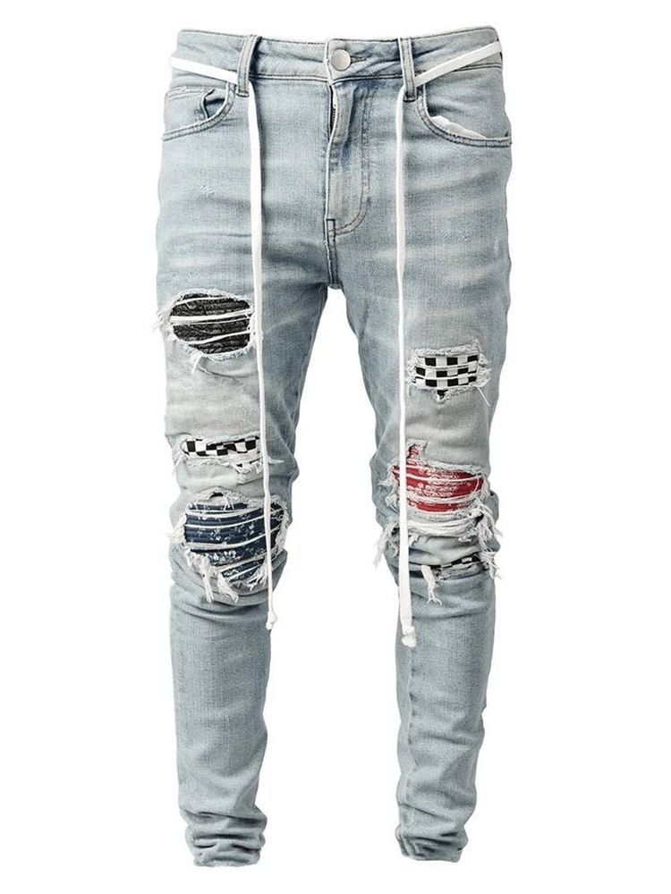 Calça Lápis Xadrez Patchwork Cintura Média Hip Hop Calça Jeans Masculina