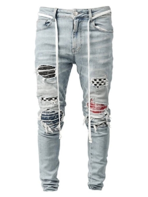 Calça Lápis Xadrez Patchwork Cintura Média Hip Hop Calça Jeans Masculina