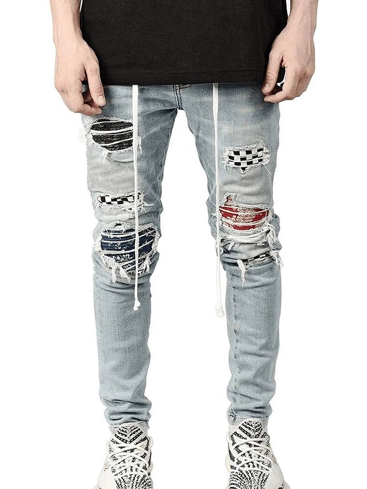 Calça Lápis Xadrez Patchwork Cintura Média Hip Hop Calça Jeans Masculina