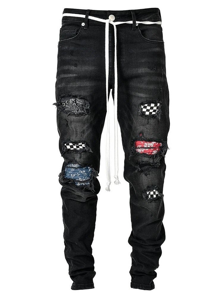 Calça Lápis Xadrez Patchwork Cintura Média Hip Hop Calça Jeans Masculina