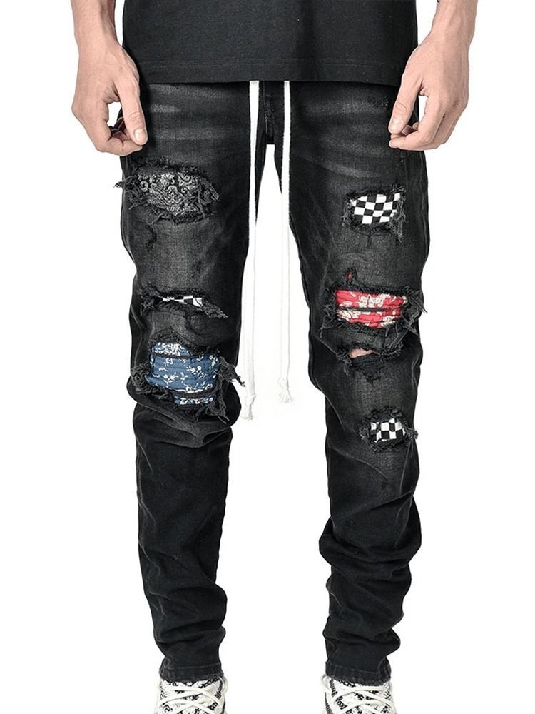 Calça Lápis Xadrez Patchwork Cintura Média Hip Hop Calça Jeans Masculina