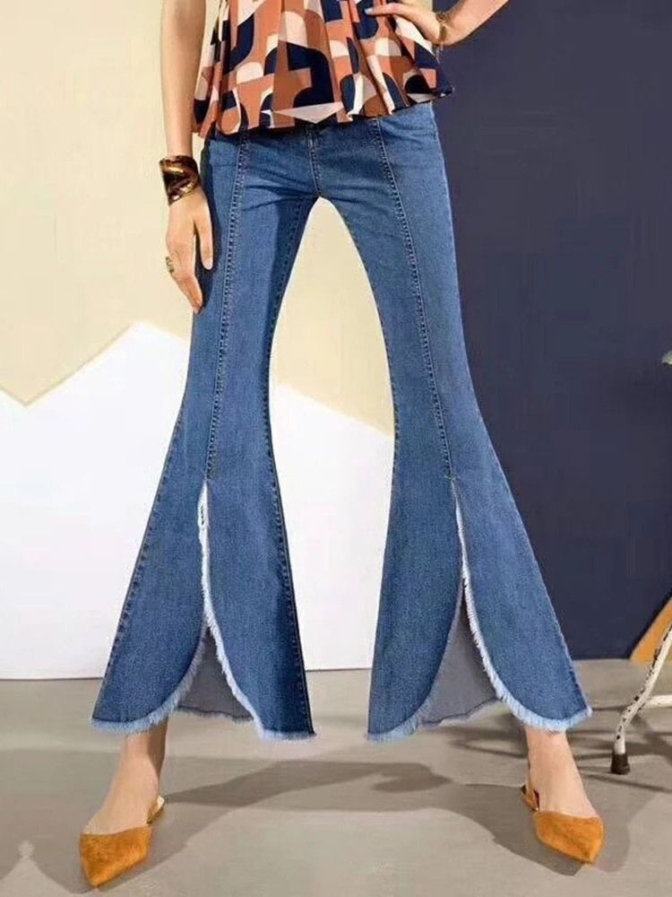 Calças De Ganga Femininas Bellbottoms Laváveis Simples De Cintura Alta Slim