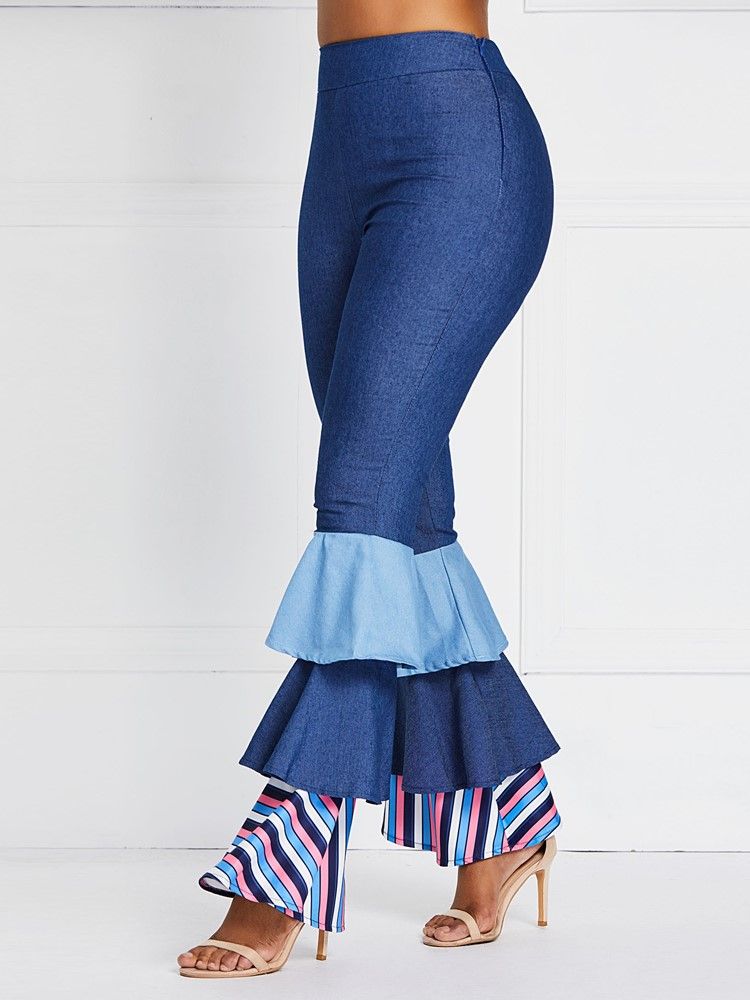 Calças De Ganga Femininas Bellbottoms Ruffles Patchwork Color Block Cintura Alta