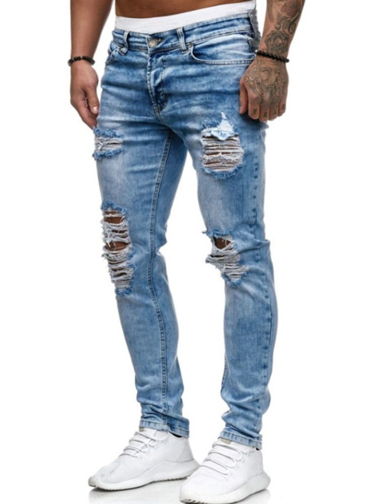 Calças Jeans De Cintura Baixa Com Zíper Liso Masculino