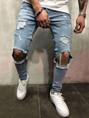 Calças Jeans Com Zíper De Cintura Baixa Lisa Masculina Buraco Baixo