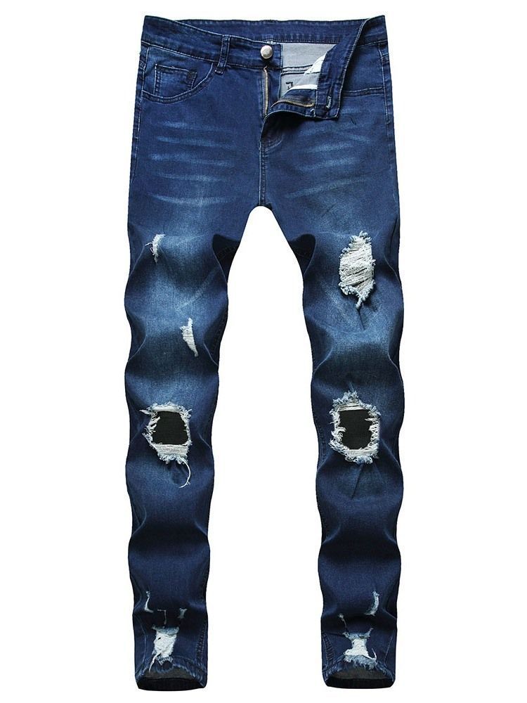 Calças Jeans Com Zíper De Cintura Média E Buraco Liso Masculino