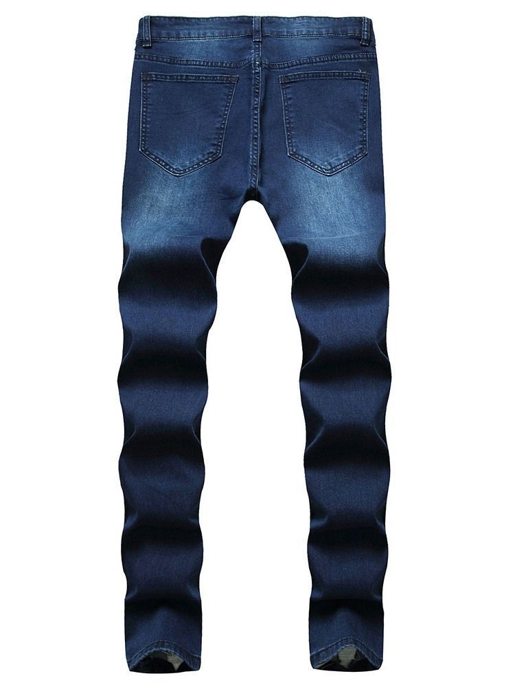 Calças Jeans Com Zíper De Cintura Média E Buraco Liso Masculino