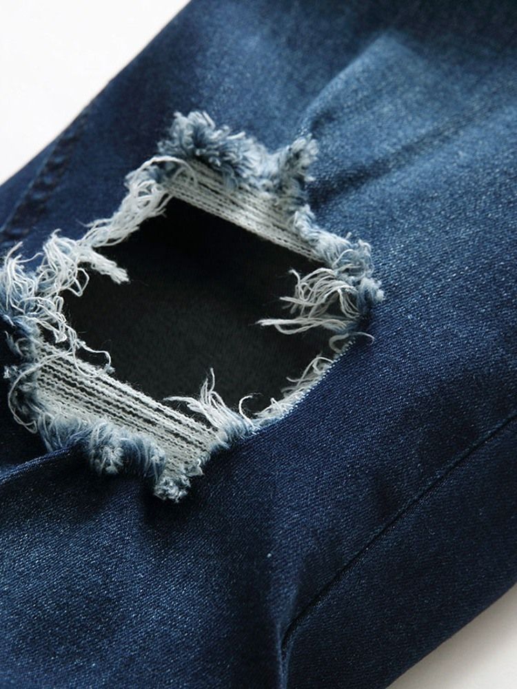 Calças Jeans Com Zíper De Cintura Média E Buraco Liso Masculino