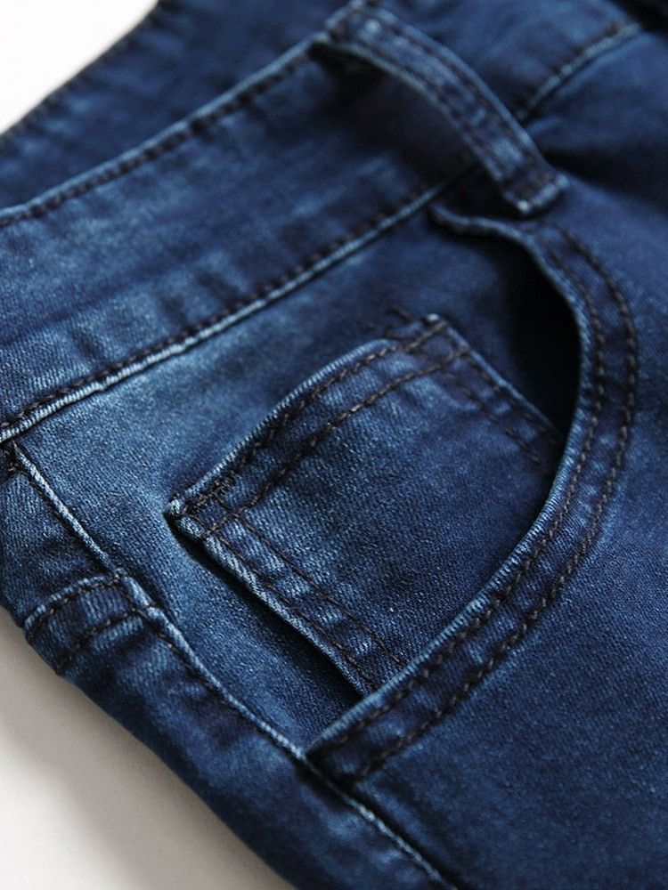 Calças Jeans Com Zíper De Cintura Média E Buraco Liso Masculino