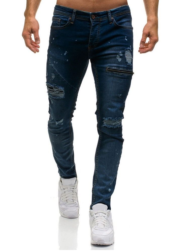 Calças Jeans Com Zíper Liso Com Zíper Na Cintura Média